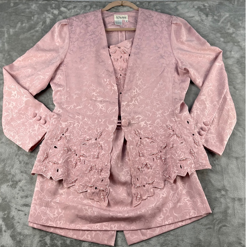 VTG In The Mood Skirt Suit Women 16 Pink Jacquard Pearl Embroidered 3pc Set EUC